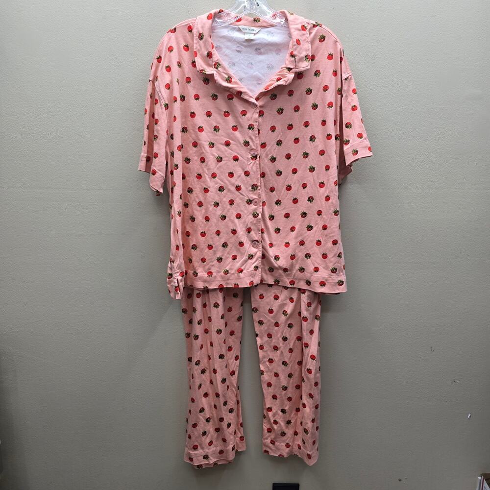 Vera Bradley Tomato Print Pajama Set Women Button Down Short Sleeve XL Pink
